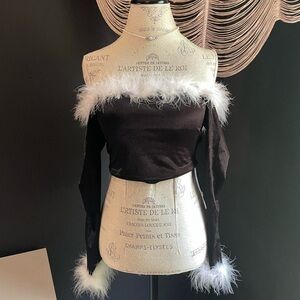 Black and White Fur Trim Crop Top